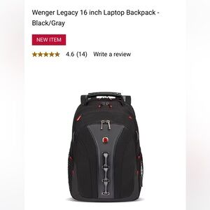 New With Tags Swiss Gear Wenger Legacy 16" Laptop Backpack, Black
